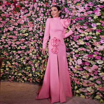 Γλυκό Ροζ Κομψό Σατέν Κόμμα Φορέματα Για Το Γάμο Πλήρη Μανίκι Γεια Λαιμό Γοργόνα Φόρεμα Προσωπικοτήτων Με Χειροποίητα Λουλούδια Μακρύ Φόρεμα