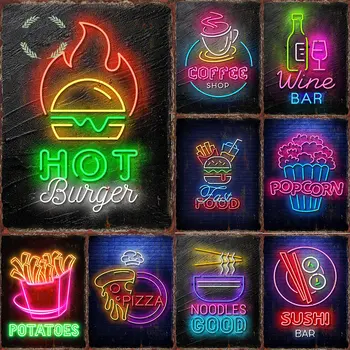 Το γρήγορο Φαγητό Κασσίτερου Μετάλλων Πινακίδες Νέον Burger Εκτύπωση Αφίσας για την Κουζίνα Bar Club Σπηλιά Κασσίτεροι Πλάκες Ρετρό Πινακίδες Εστιατόριο Ντεκόρ Τοίχων