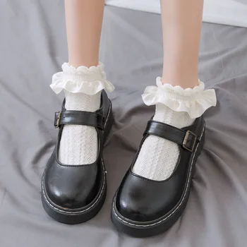 Κάλτσες Γυναικών Lolita Ιαπωνικό Στυλ Kawaii Χαριτωμένο Δαντελωτά Βολάν Κάλτσες Στερεό Λευκό Μαύρο Πλέγματος Δαντελλών Γλυκά Κορίτσια Harajuku Σύντομο Κάλτσες