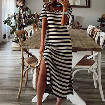 Γυναικών Μεγάλου Μεγέθους Μακρύ Φόρεμα Vintage Κοντό Μανίκι Ριγέ Maxi Split Floral Φόρεμα Casual T Shirt Φόρεμα Καλοκαίρι Χαλαρά Παραλία Sundress