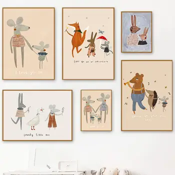 Ποντίκι Οικογένεια Λαγός Αλεπού Σκαντζόχοιρος Χορός Νηπιαγωγείο Αφίσα Σκανδιναβική Τέχνη Τοίχων Τυπωμένων Υλών Καμβάς Ζωγραφικής Boho Εικόνες Για Το Μωρό Υπνοδωμάτιο Διακόσμηση
