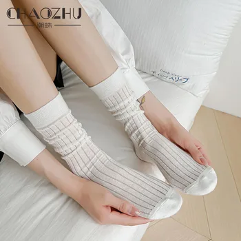CHAOZHU 1 Ζευγάρι Ιαπωνικά Κορέας Γαλλία Ins Ootd Άνοιξη Καλοκαίρι Λεπτές Ραβδώσεις Βαμβάκι Καθημερινή Βασικό Μαύρο Λευκό Γκρι Χαλαρά Κάλτσες