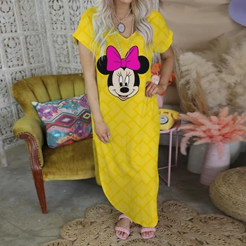Maxi Σέξι Φόρεμα Κομψό Casual γυναικεία Φορέματα για τις Γυναίκες 2022 χωρισμένη Φούστα Εκτύπωσης Μίκυ V-Λαιμό Minnie Mouse Ρόμπα Disney Μόδας