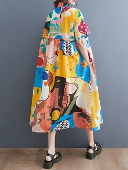 Το 2023 Άνοιξη Καλοκαίρι Νέα Σε Vintage Print Φορέματα Πουκάμισο Για Τις Γυναίκες Με Κοντό Μανίκι Χαλαρά Casual Μακρύ Φόρεμα Μόδας Κομψό Ρούχα