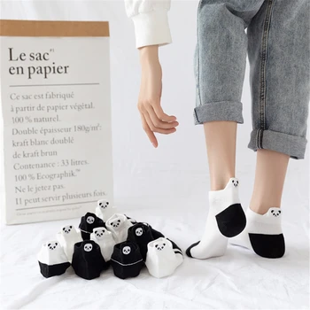 Αστεία Χαριτωμένο Κέντημα Panda Κάλτσες Γυναικών Harajuku Divertidos Kawaii Λευκό Μαύρο Ριγέ Κοντές Αστραγάλων Sokken
