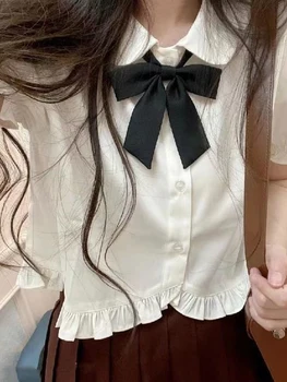 QWEEK Χαριτωμένο Γλυκό Lolita Στυλ Μπλούζες Γυναικών Ιαπωνική JK Λευκά Πουκάμισα Κορίτσια Χαριτωμένο Βολάν Σύντομο Puff Μανίκι Κορυφή Κουμπί Μέχρι Μοντέρνα