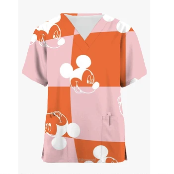 Pocket Περιποίησης Scrub Στολή Γυναικείων Β-λαιμών Εργαζομένων Νοσοκόμα που Εργάζεται Ιατρικές Στολές Μπλούζα Disney Mickey Mouse Εκτύπωσης Κορυφές