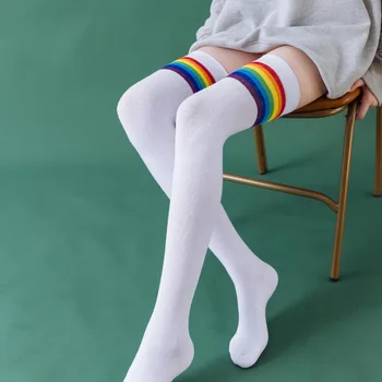 Ουράνιο Τόξο Ριγέ Κάλτσες Σέξι Πάνω Από Το Γόνατο Κάλτσες Γυναικών Βαμβακιού Υψηλές Κάλτσες Μηρών Συν Μέγεθος Κυρίες Θερμό Overknee Μακριές Κάλτσες