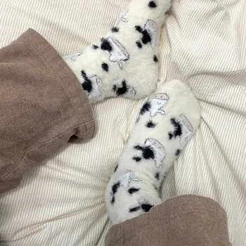 Οι Γυναίκες Το Χειμώνα Συγκεχυμένες Κάλτσες Παντοφλών Βελούδου Ζεστό Αστεία Κινούμενα Σχέδια Αγελάδα Εκτύπωσης Kawaii Κάλτσες Harajuku Χαριτωμένο Ζώο Συμπυκνωμένη Πάτωμα Ύπνο Κάλτσα