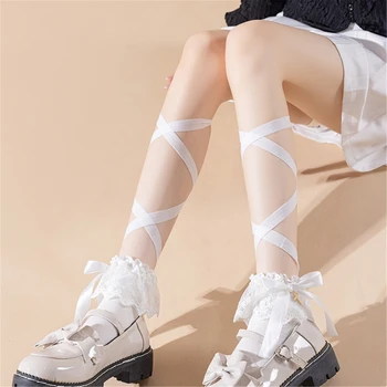 Lolita Cross Επίδεσμο Κάλτσες Πληρώματος Ιαπωνικά Anime Γυναίκες Κορδέλα Λουράκι Στον Αστράγαλο Κάλτσες Δαντέλα-Up Κορδέλα Αναστατωμένα Περιποίησης Bowknot Βαμβάκι Κάλτσες