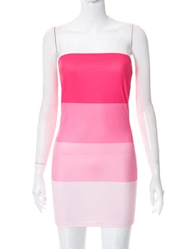 Hugcitar Ροζ Χρώμα Λωρίδων Εκτύπωση Μπλοκ Σωλήνων Μίνι Φόρεμα Bodycon Σέξι Κόμμα Club Ρούχα Φεστιβάλ Y2K Ρούχα Ναυτιλία Πτώσης Αντικειμένων