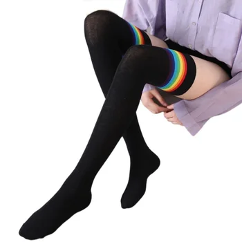 Ουράνιο Τόξο Ριγέ Κάλτσες Σέξι Πάνω Από Το Γόνατο Κάλτσες Γυναικών Βαμβακιού Υψηλές Κάλτσες Μηρών Συν Μέγεθος Κυρίες Θερμό Overknee Μακριές Κάλτσες