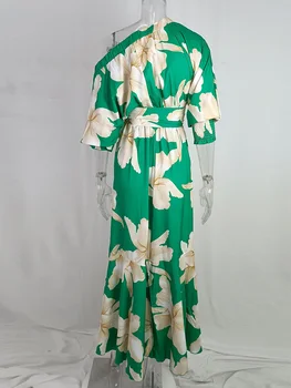 Floral Print Φανάρι Μανίκι Skew Λαιμό Casual Maxi Φόρεμα Των Γυναικών Δαντελλών Επάνω Ακανόνιστο Μακρύ Φόρεμα