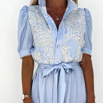 Κομψό Maxi Φόρεμα Μεγάλες Στρίφωμα Καλοκαίρι Κοντό Μανίκι μονόπετο Κοίλο Έξω το Πουκάμισο Φόρεμα Μόδας Φόρεμα Γυναικών για το Γραφείο